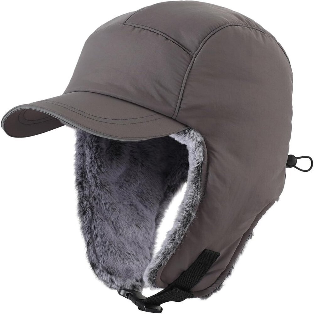 Men Dark Grey Winter Trapper Hat Faux Fur Earflaps with Reflective Brim
